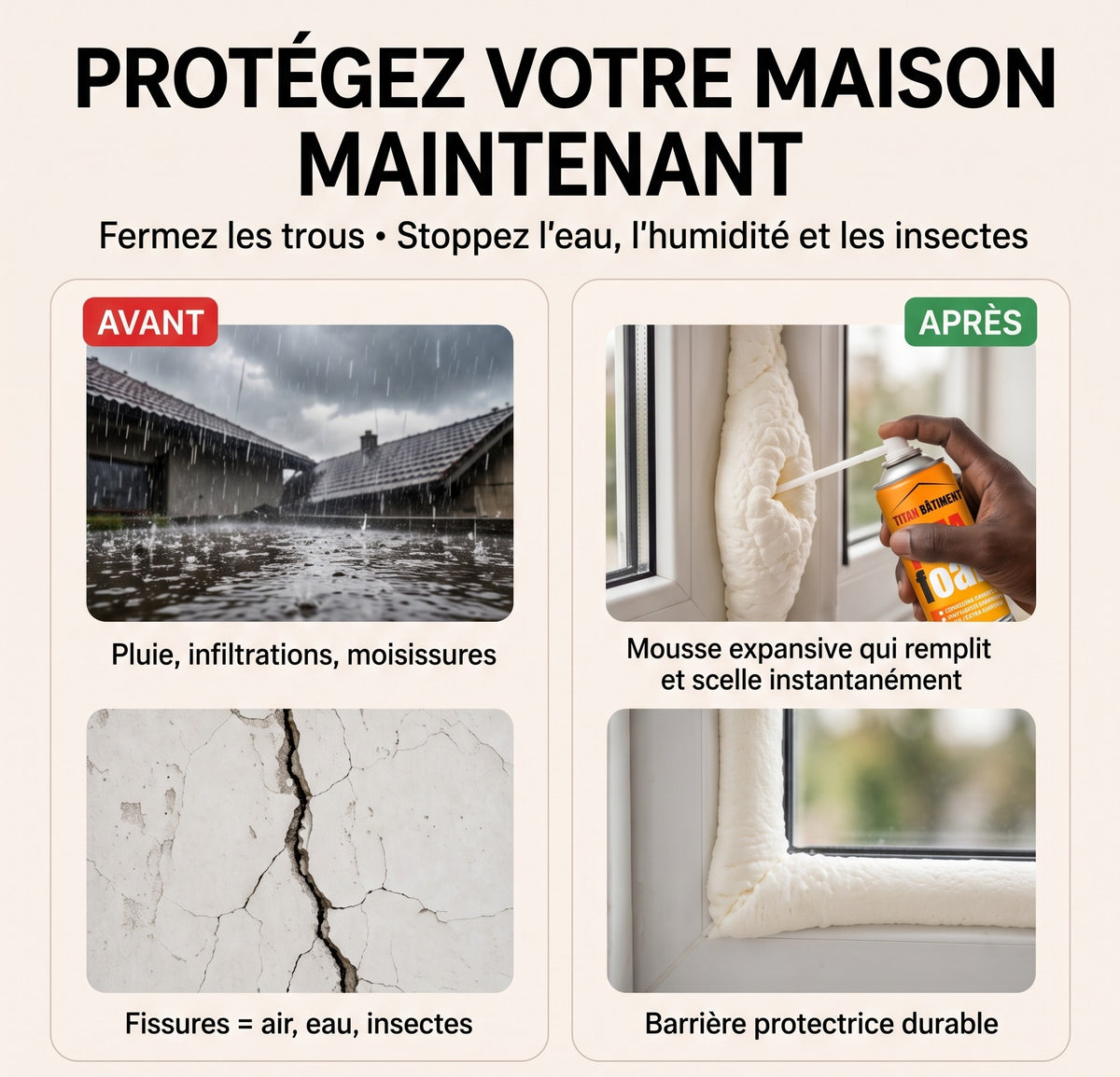 MOUSSE EXPANSIVE POLYURÉTHANE COMBLEZ FACILEMENT LES TROUS ET ESPACES DIFFICILES